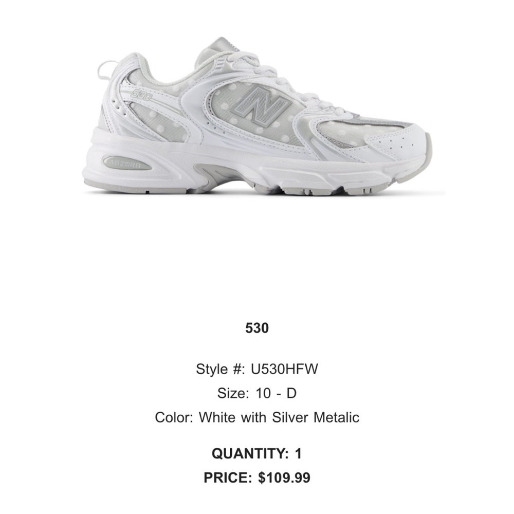 New Balance 530 White and Silver Polka dot metallic sneakers